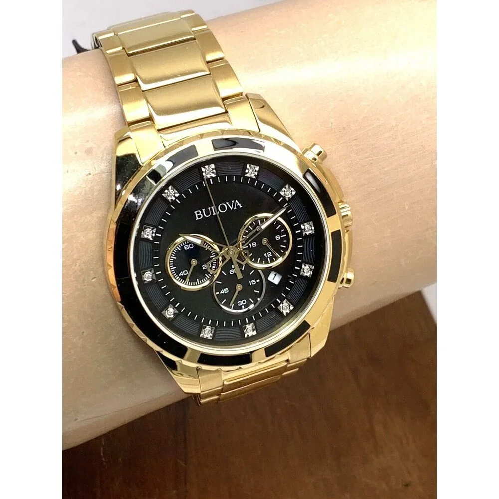 Bulova Men's Watch 97D121 Quartz Chronograph Diamond Black Dial Gold Steel 44mm